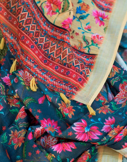 Dark Grey & Multicoloured Linen Printed Saree