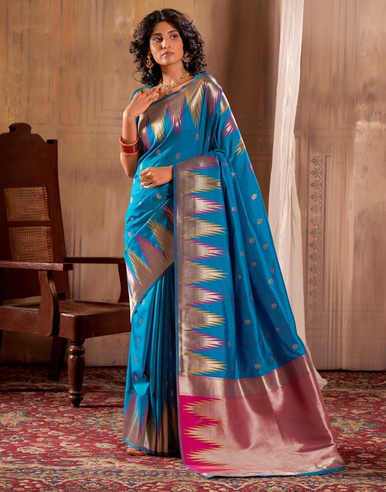 Sea Blue Silk Woven Saree