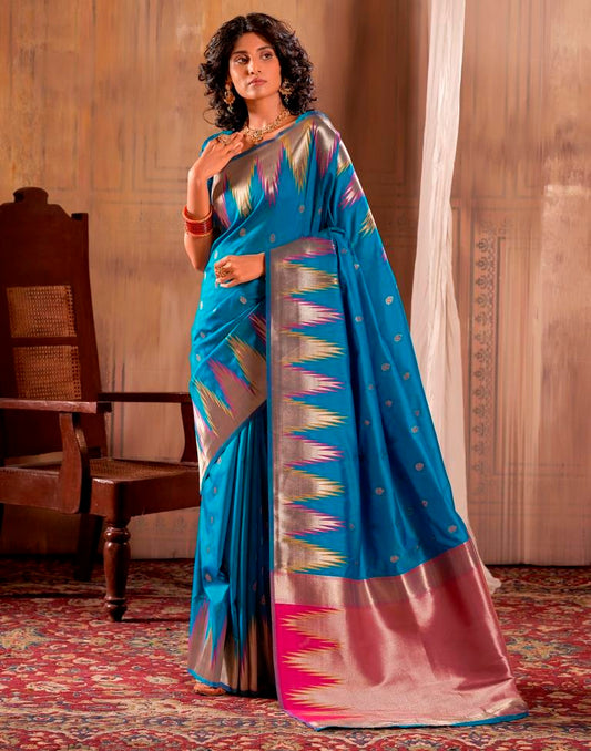 Sea Blue Silk Woven Saree