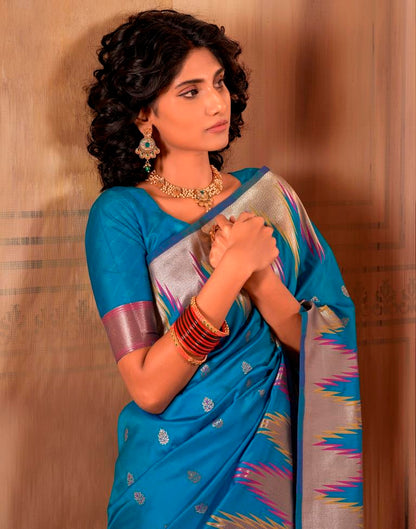 Sea Blue Silk Woven Saree
