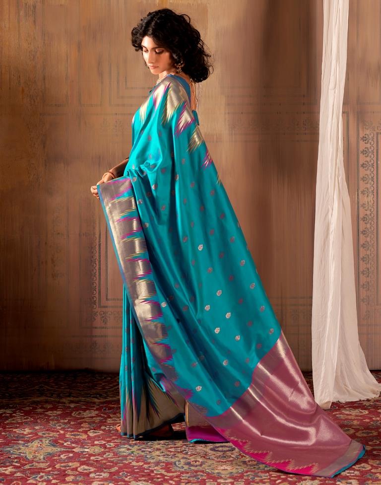 Teal Blue Silk Woven Saree