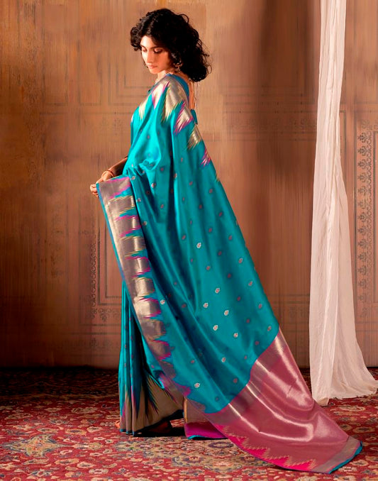 Teal Blue Silk Woven Saree