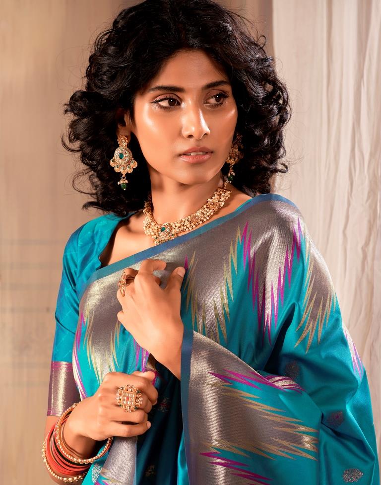 Teal Blue Silk Woven Saree