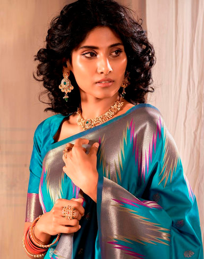 Teal Blue Silk Woven Saree