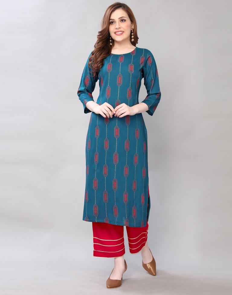 Royal Teal Coloured Pigment Foil Printed Rayon Kurti | Sudathi