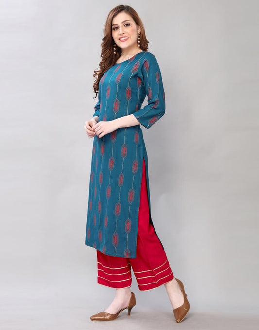 Royal Teal Coloured Pigment Foil Printed Rayon Kurti | Sudathi