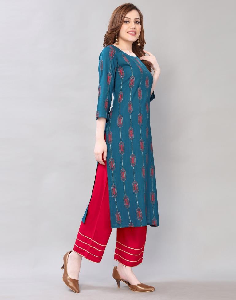Royal Teal Coloured Pigment Foil Printed Rayon Kurti | Sudathi