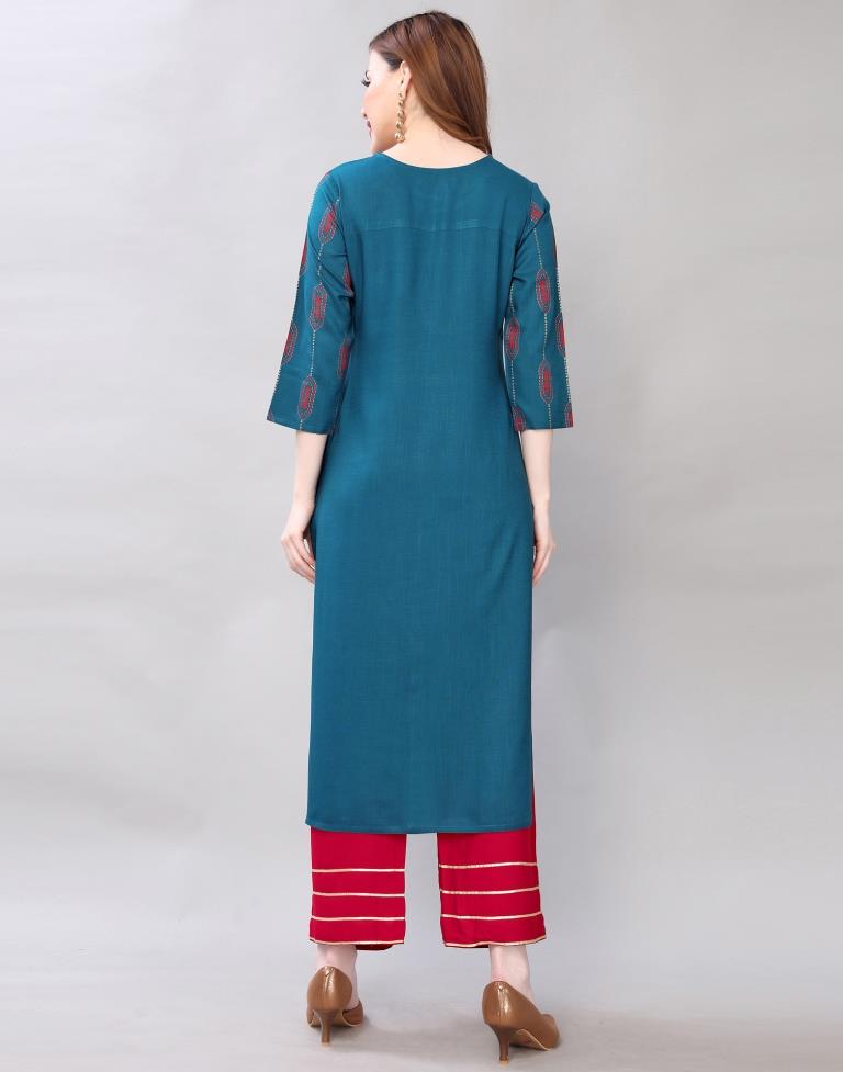 Royal Teal Coloured Pigment Foil Printed Rayon Kurti | Sudathi