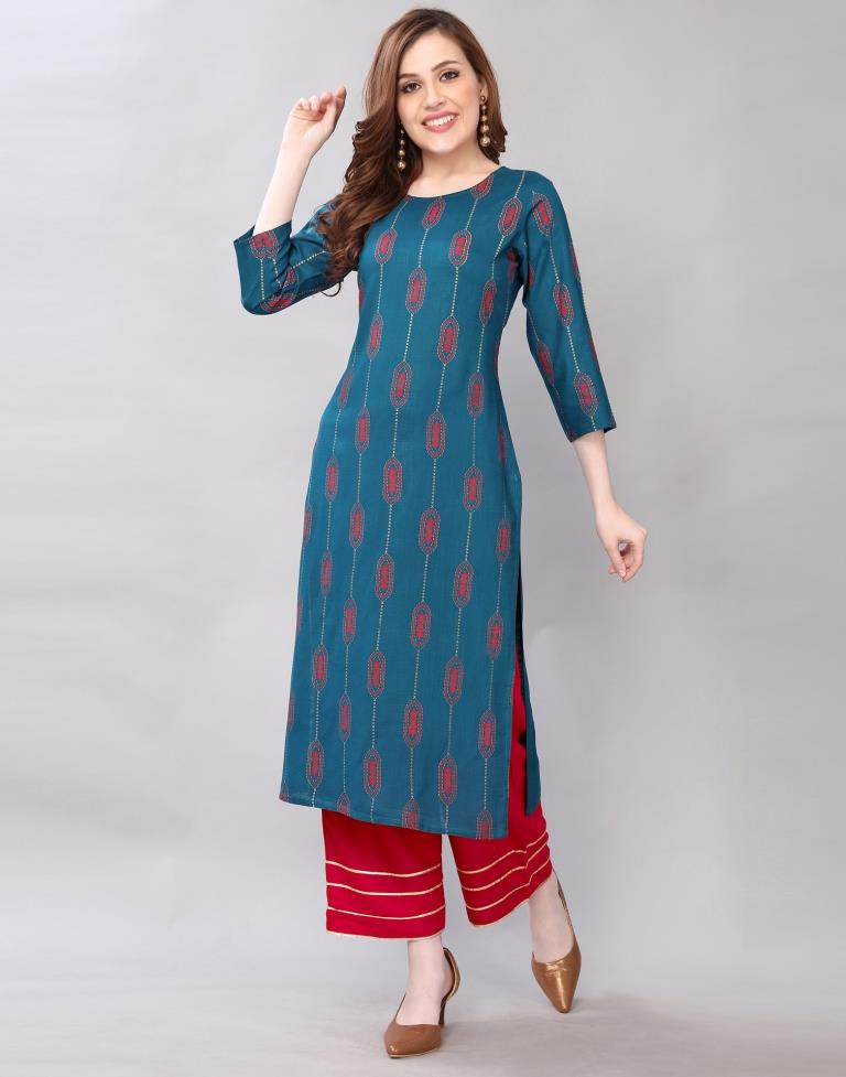 Royal Teal Coloured Pigment Foil Printed Rayon Kurti | Sudathi