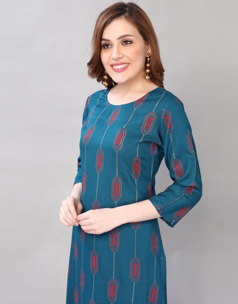 Royal Teal Coloured Pigment Foil Printed Rayon Kurti | Sudathi