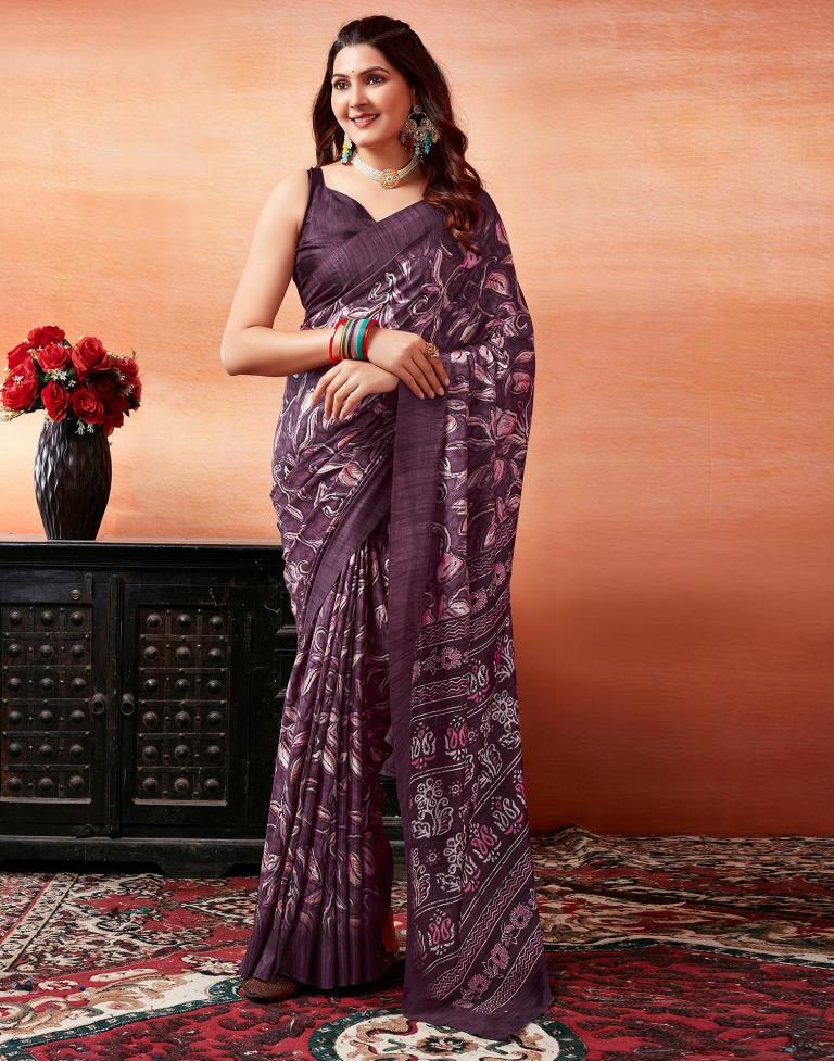 Dark Purple Silk Printed Saree