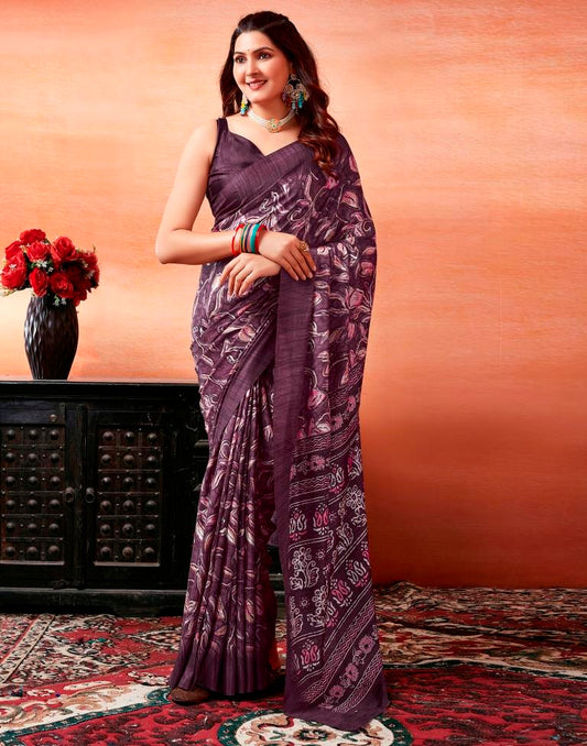 Dark Purple Silk Printed Saree