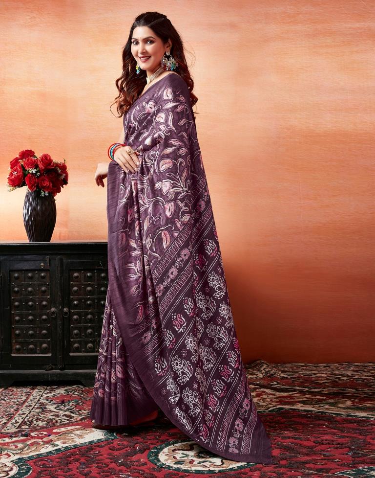 Dark Purple Silk Printed Saree
