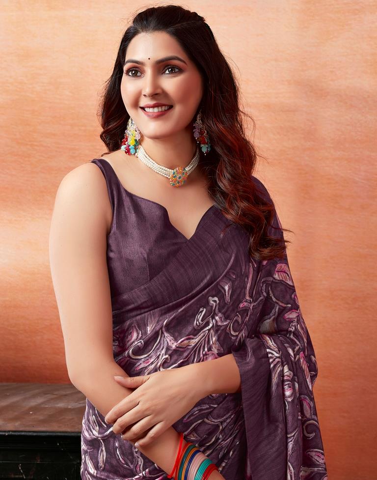 Dark Purple Silk Printed Saree