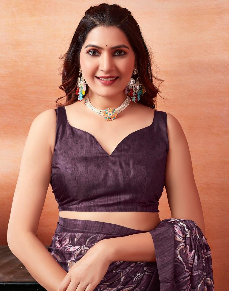 Dark Purple Silk Printed Saree