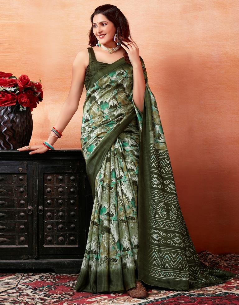 Mehandi Green Silk Printed Saree