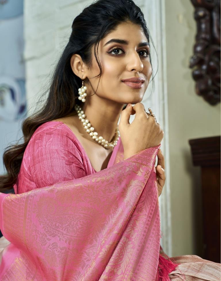 Beige & pink Silk Woven Saree