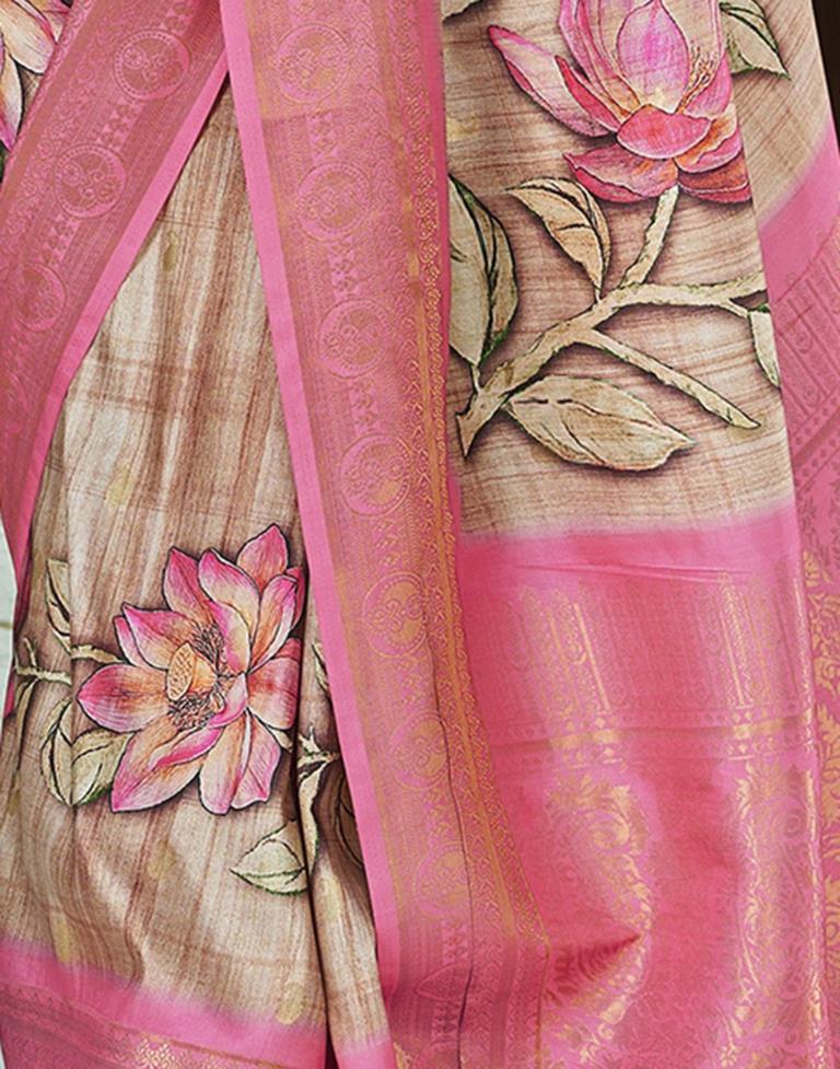 Beige & pink Silk Woven Saree