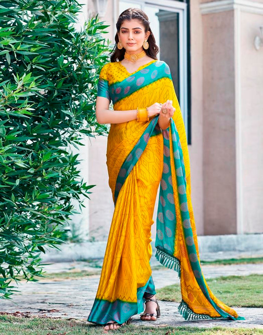 Yellow Cotton Printed Saree