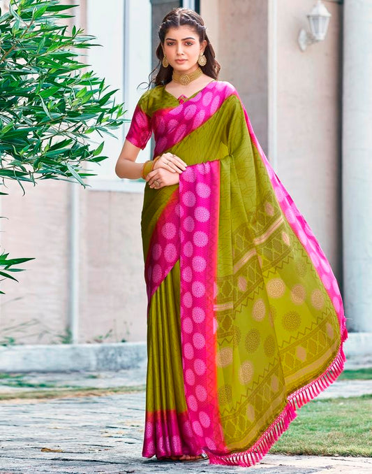 Yellow Green Cotton Printed Saree