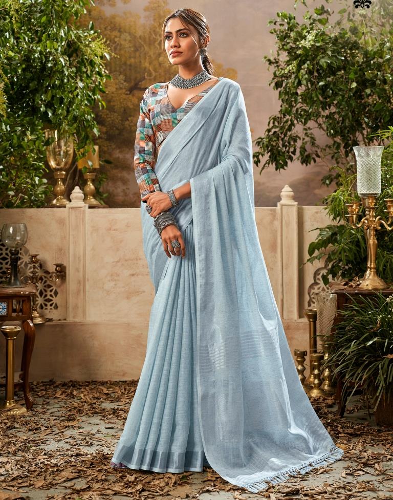Light Blue Cotton Woven Saree