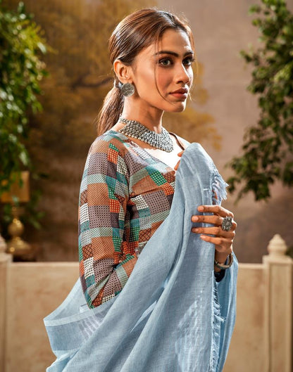 Light Blue Cotton Woven Saree