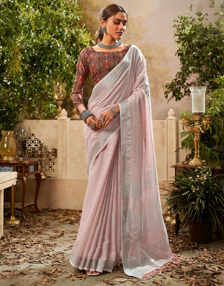 Light Peach Cotton Woven Saree