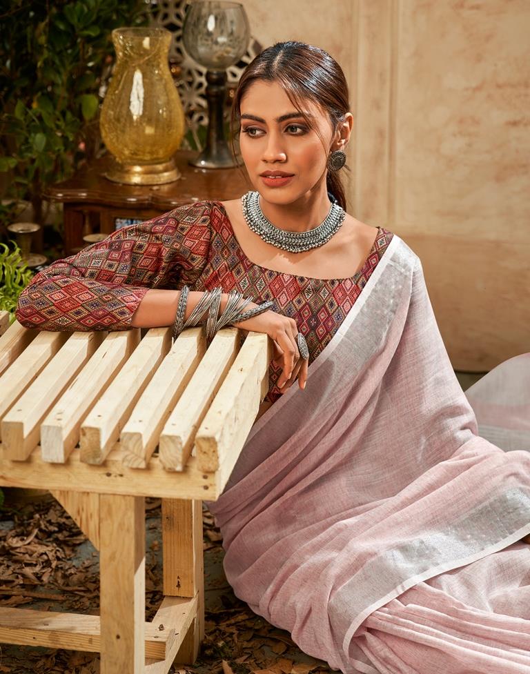 Light Peach Cotton Woven Saree