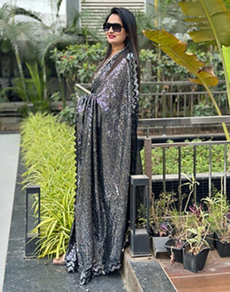 Black & Grey Georgette Plain Saree