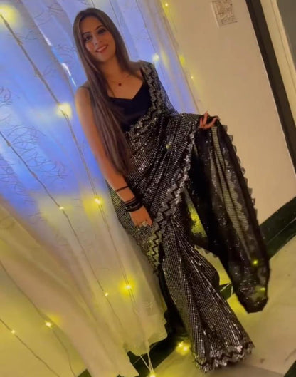 Black & Grey Georgette Plain Saree