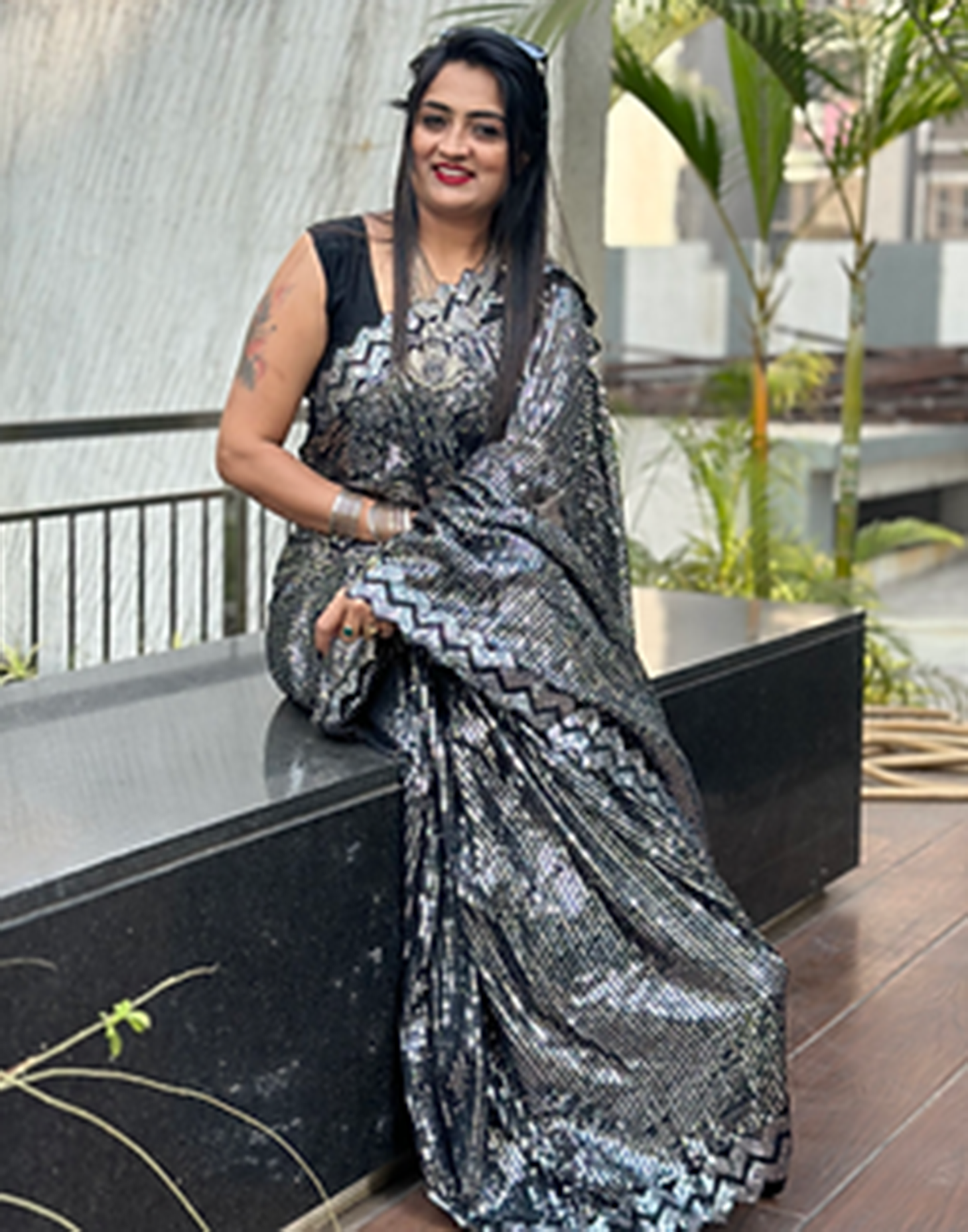 Black & Grey Georgette Plain Saree