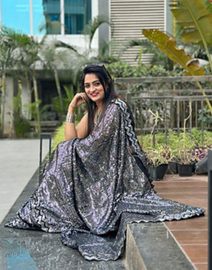 Black & Grey Georgette Plain Saree