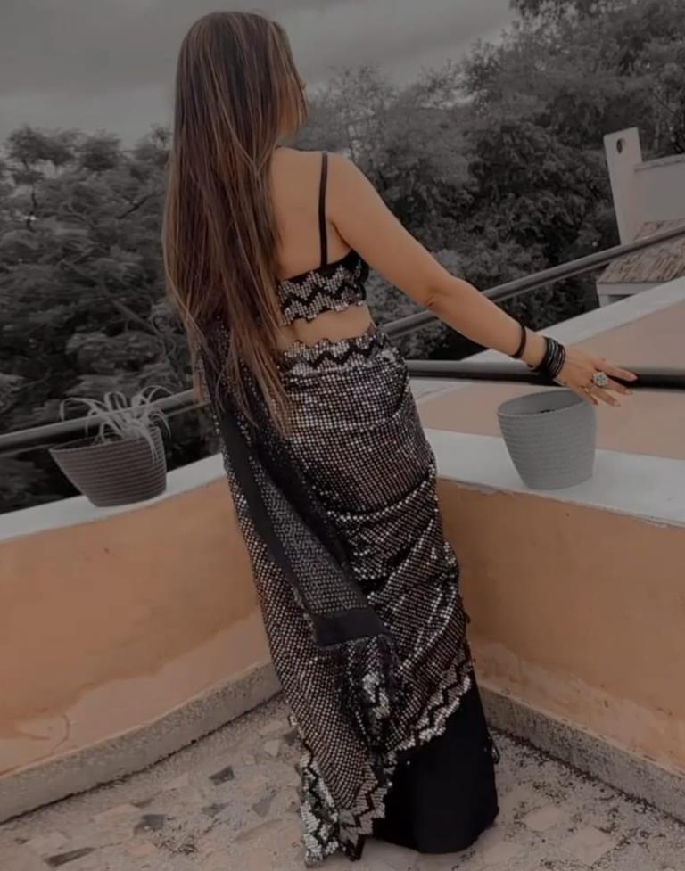 Black & Grey Georgette Plain Saree