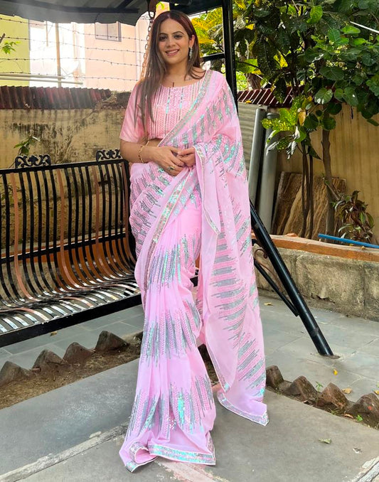 Light Pink Georgette Plain Saree