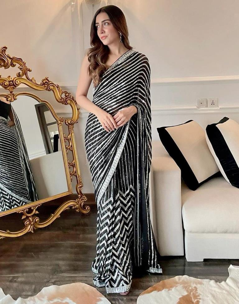 Black & White Georgette Plain Saree