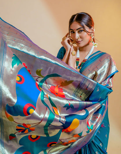 Peacock Blue Silk Weaving Saree