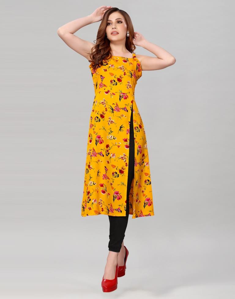 Mustard Coloured Crepe Printed Kurti | Leemboodi