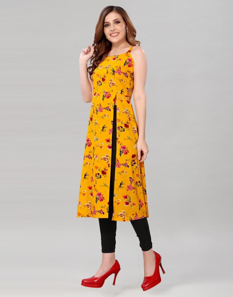 Mustard Coloured Crepe Printed Kurti | Leemboodi