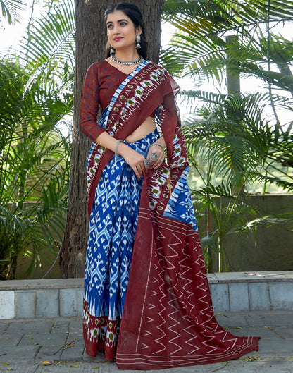 Blue & Maroon Cotton Printed Saree