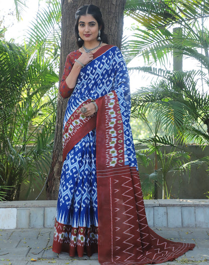 Blue & Maroon Cotton Printed Saree