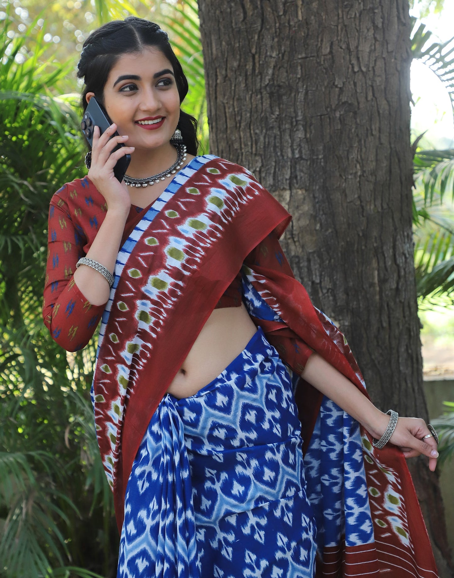 Blue & Maroon Cotton Printed Saree