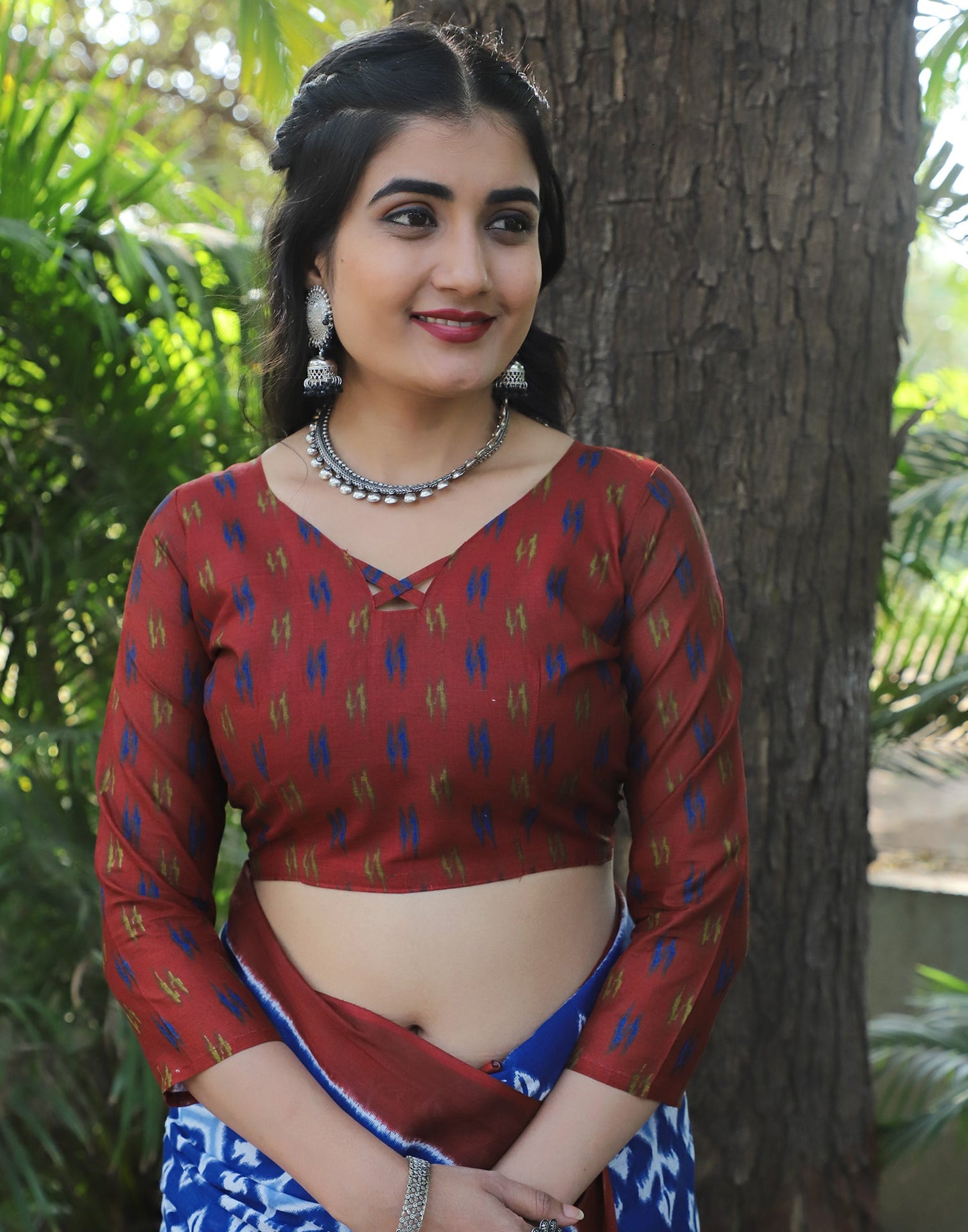 Blue & Maroon Cotton Printed Saree