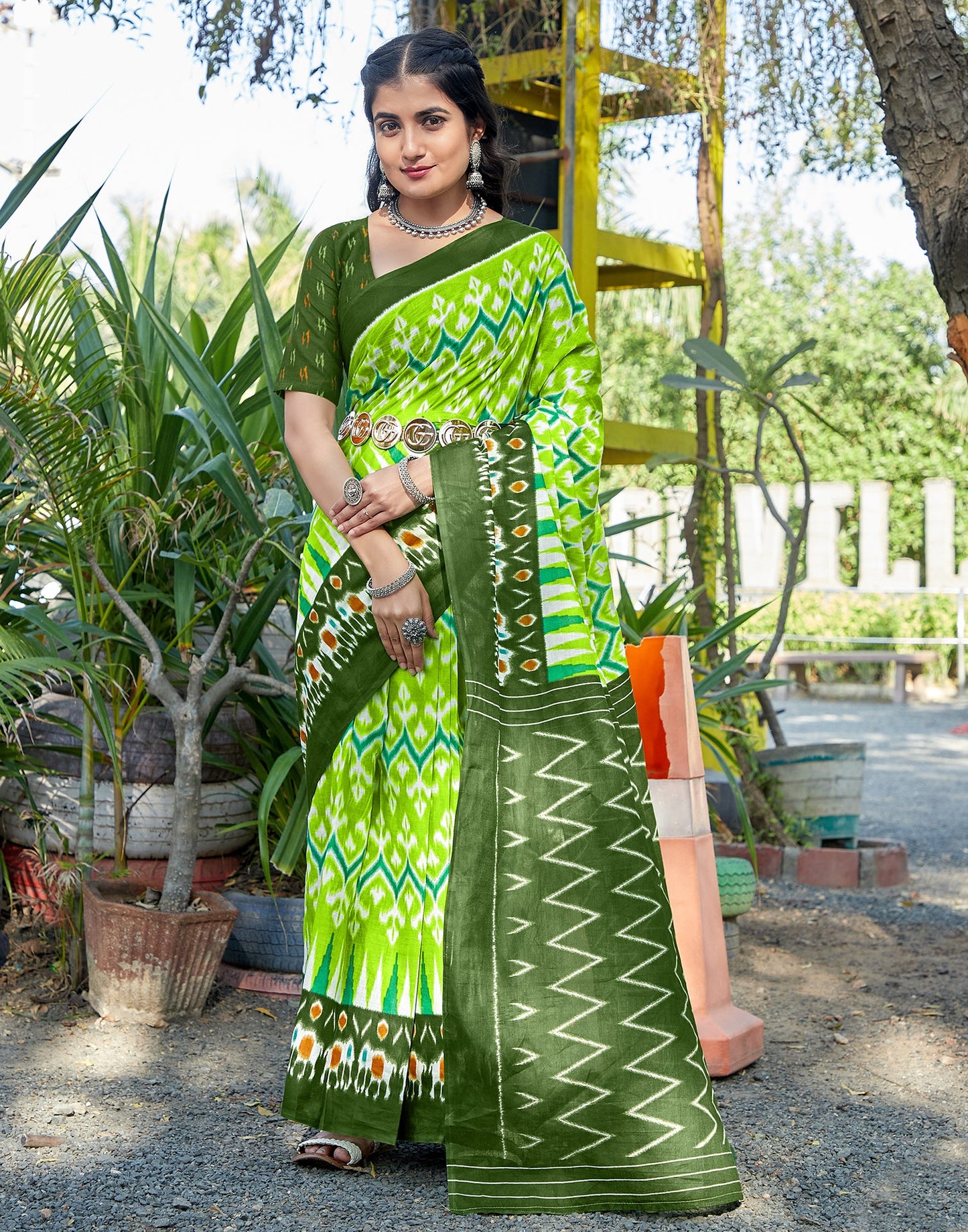 Bright Green Cotton Printed Saree