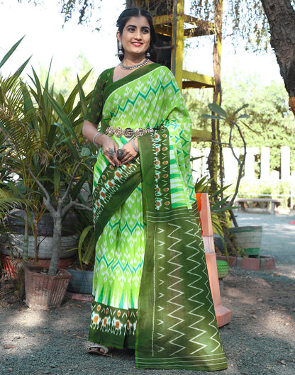 Bright Green Cotton Printed Saree