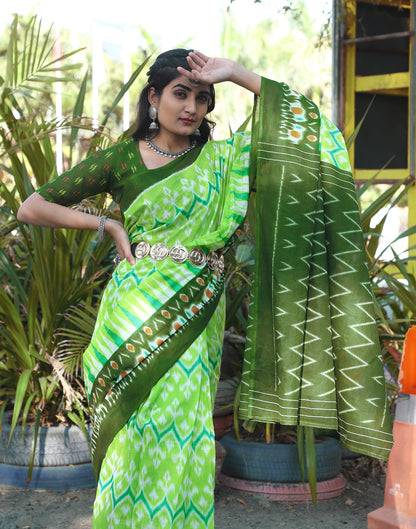 Bright Green Cotton Printed Saree