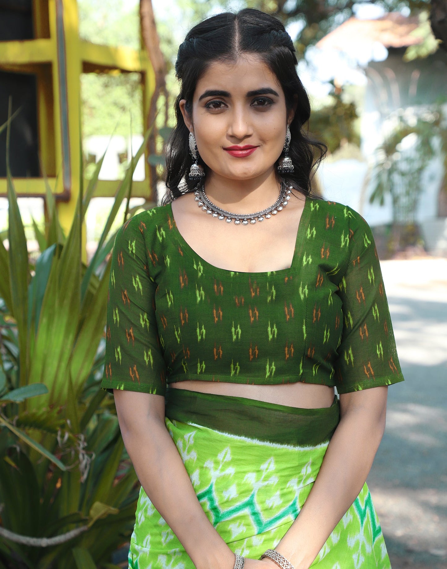 Bright Green Cotton Printed Saree