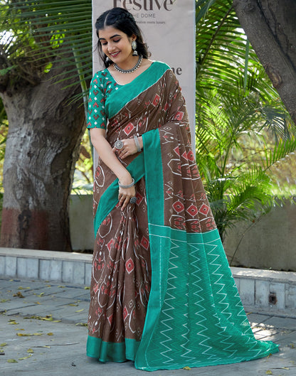 Brown Cotton Printed Saree
