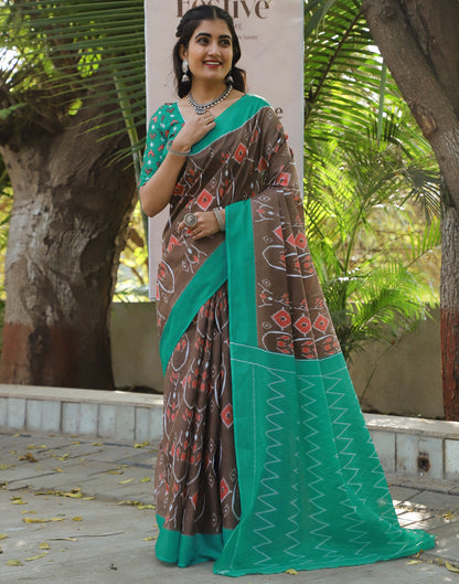 Brown Cotton Printed Saree