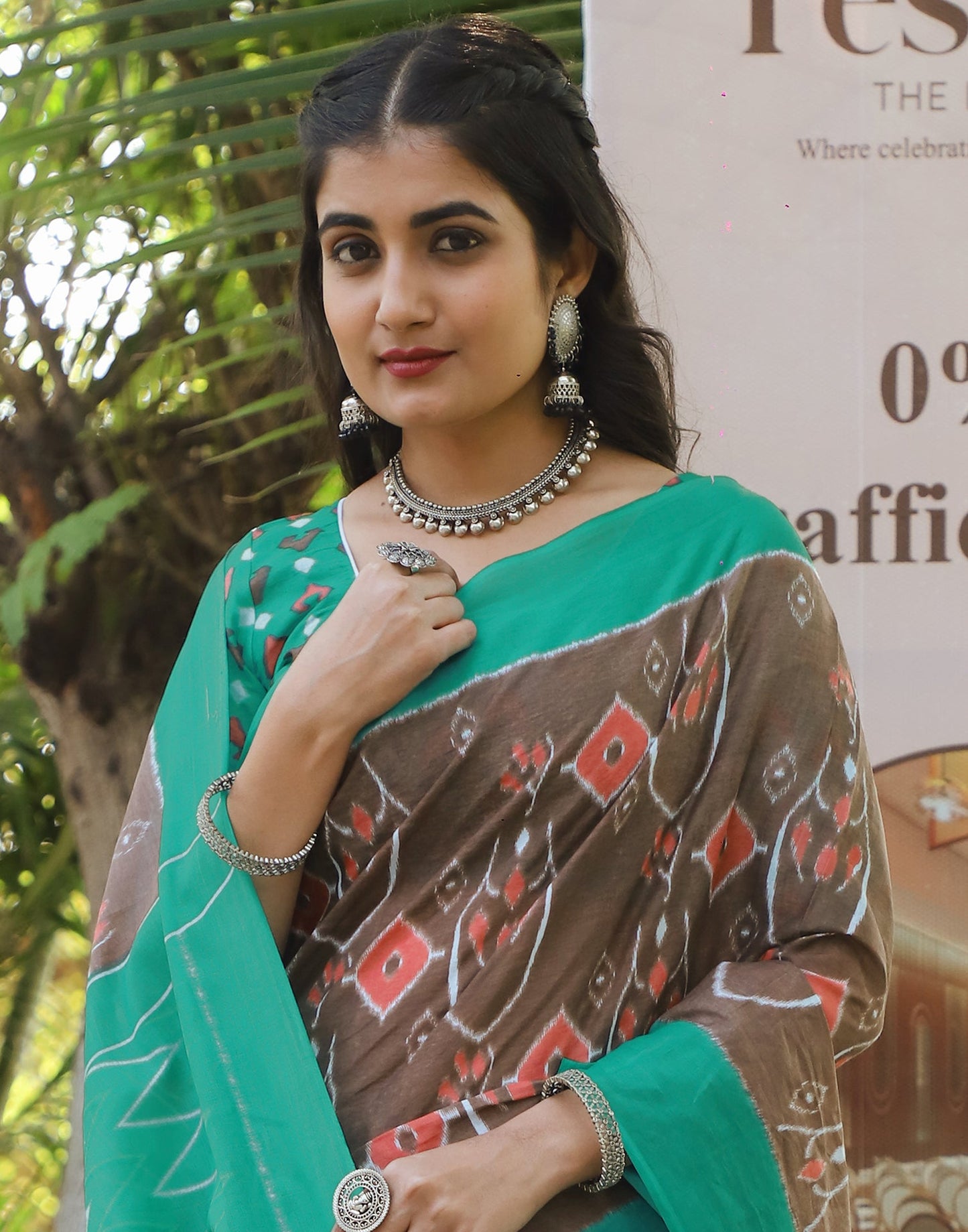 Brown Cotton Printed Saree