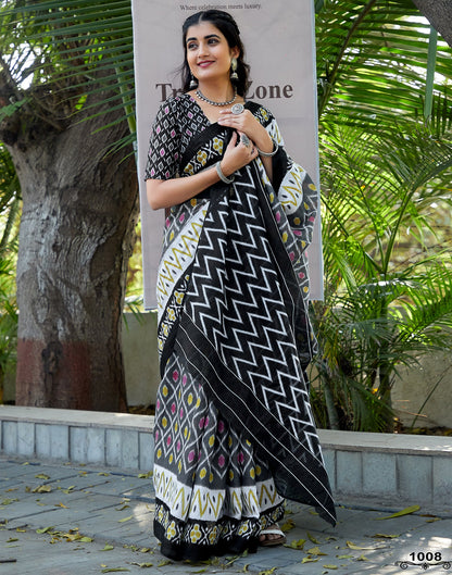 Grey Cotton Printed Saree